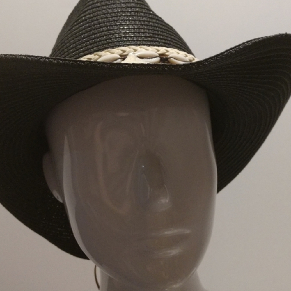 Unisex Straw Weave Western Beach Sun Hat Cowrie Cowry Shells Tassels Black Boho - Picture 3 of 14